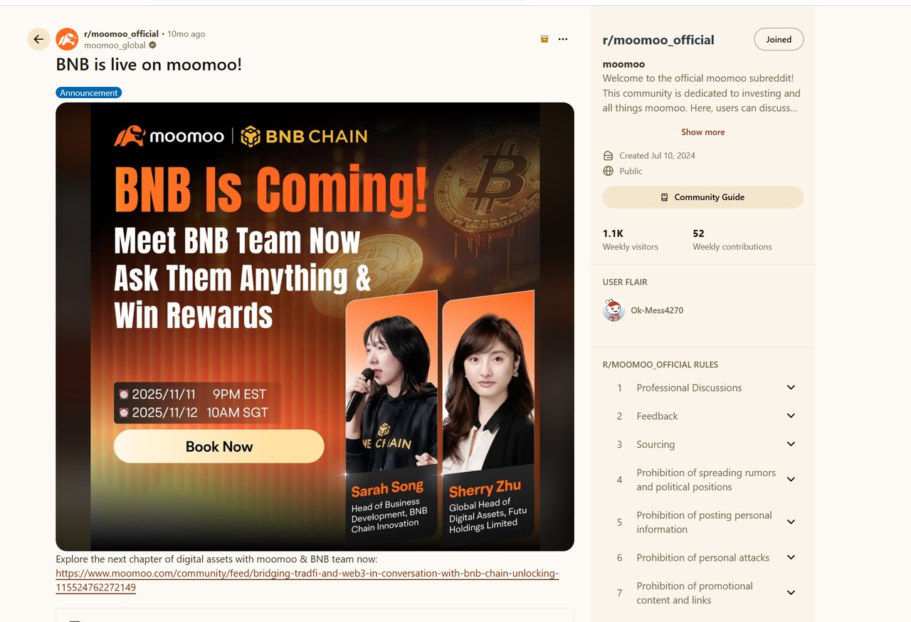 Reddit 官号 BNB 活动推广贴文截图